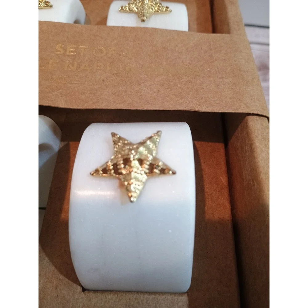 New Premium Set Of 4 Marble Napkin Rings Gold‎ Star Embellishments Made In India